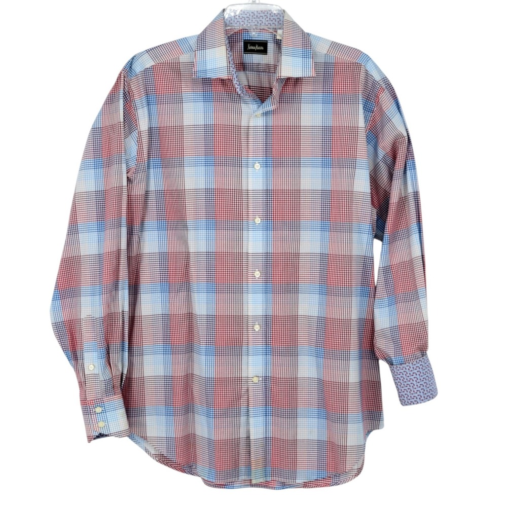 Neiman Marcus Red White Blue Check Plaid Tennis Racket Trim Sport Shirt Men's L
